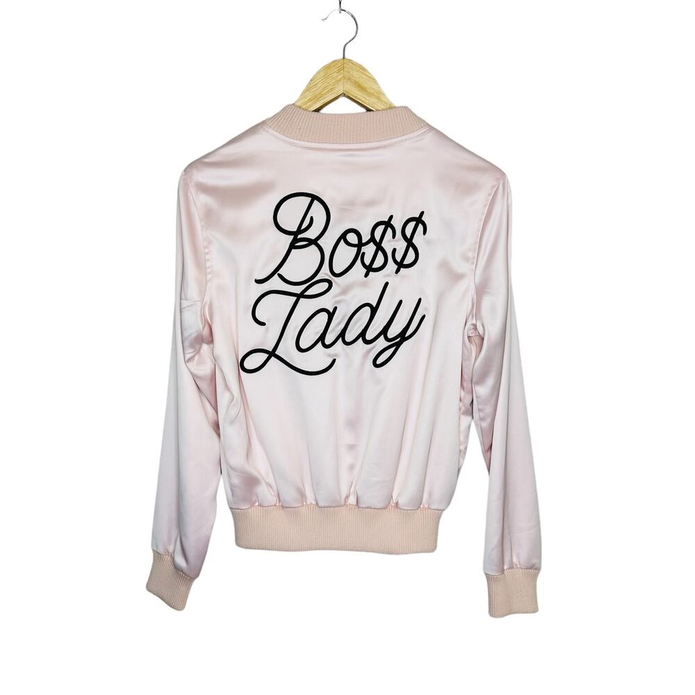 Mistress Rocks Boss Lady Pink Satin Bomber Jacket Size Small - Picture 11 of 14
